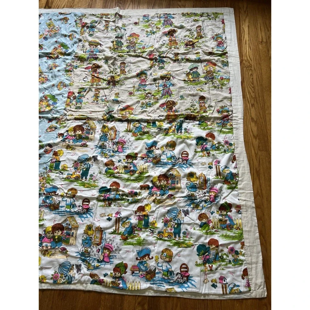 Vintage Handmade Children's Quilt Blanket Storybook Print Crib Toddler 44x58